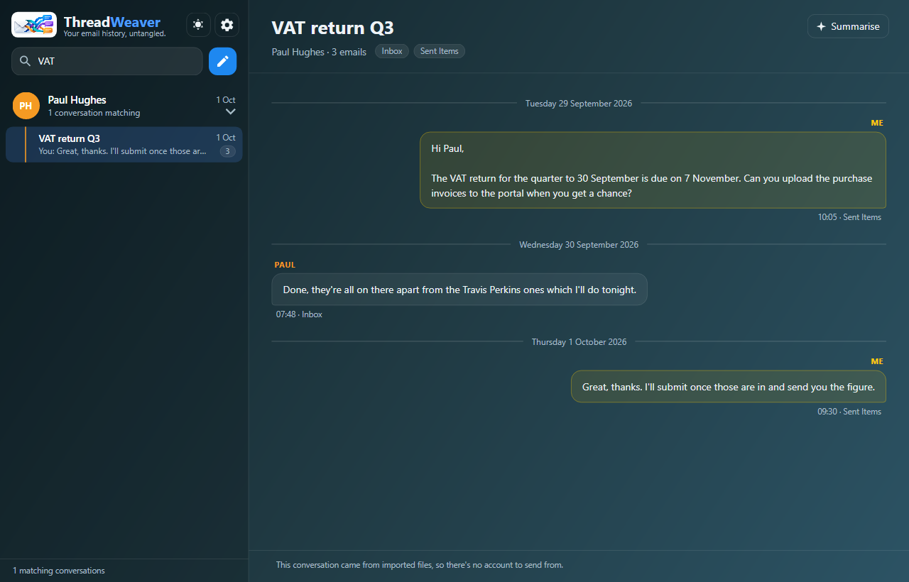 Searching for VAT finds the VAT return conversation