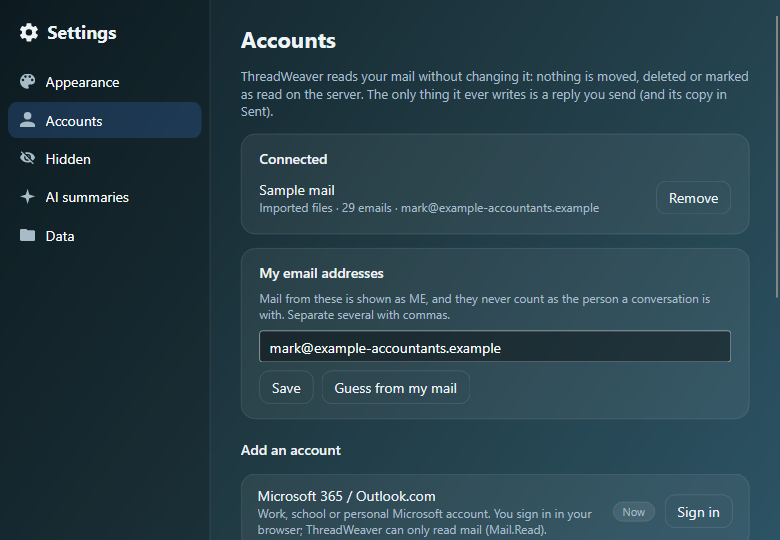 The Accounts page in Settings