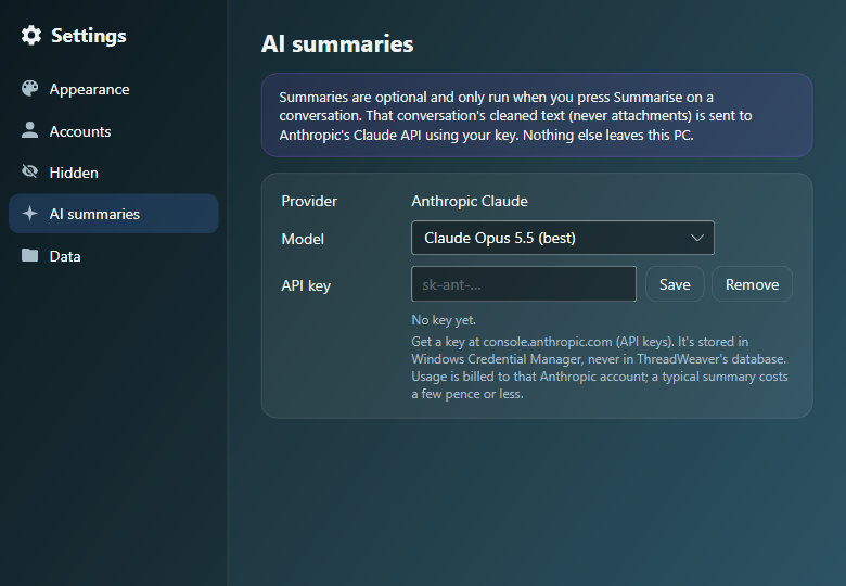 The AI summaries page in Settings